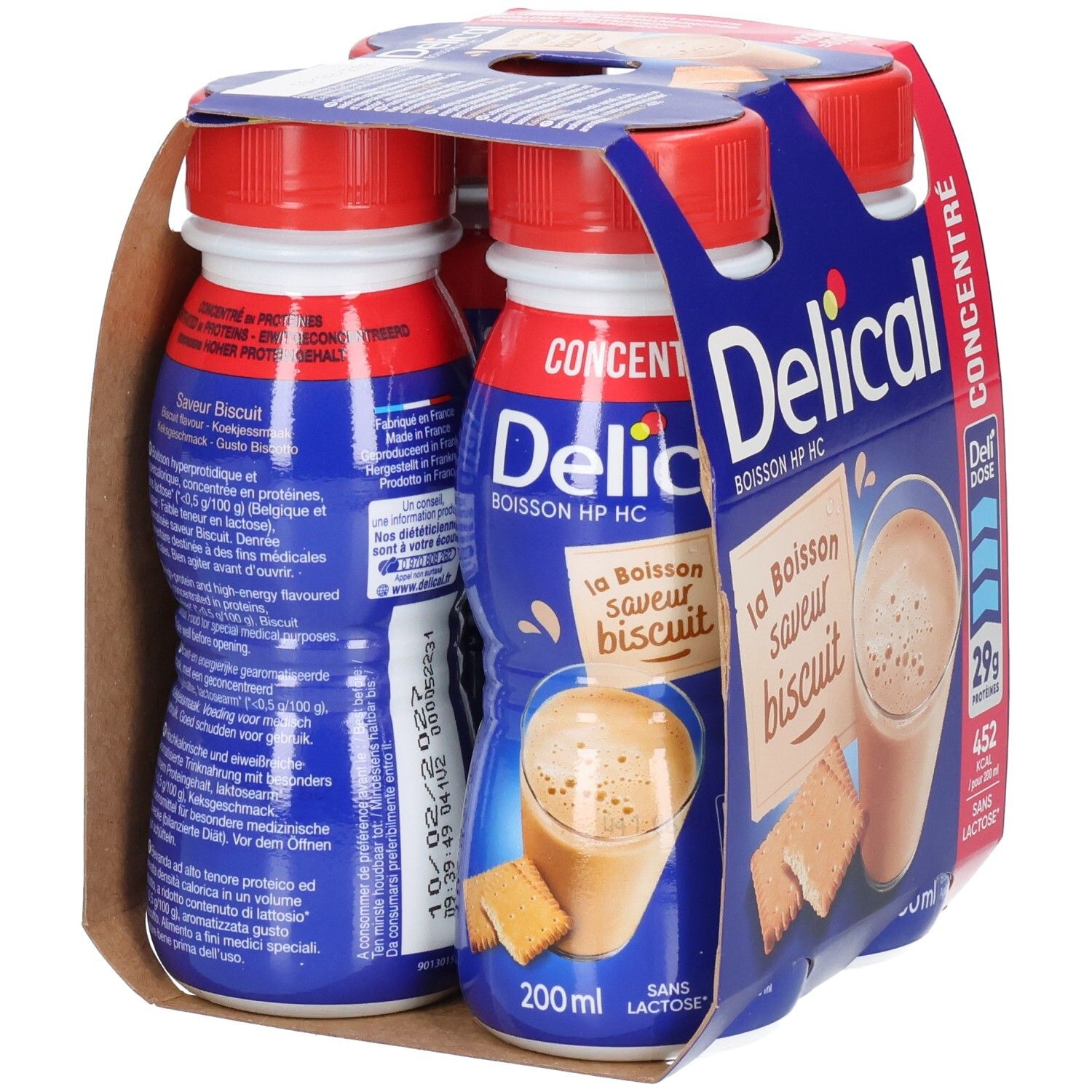 Verpakking met vier flessen Delical Concentraat Biscuit. Blauwe flessen met rode dop. Opschriften: Delical, biscuit smaak, 200ml.