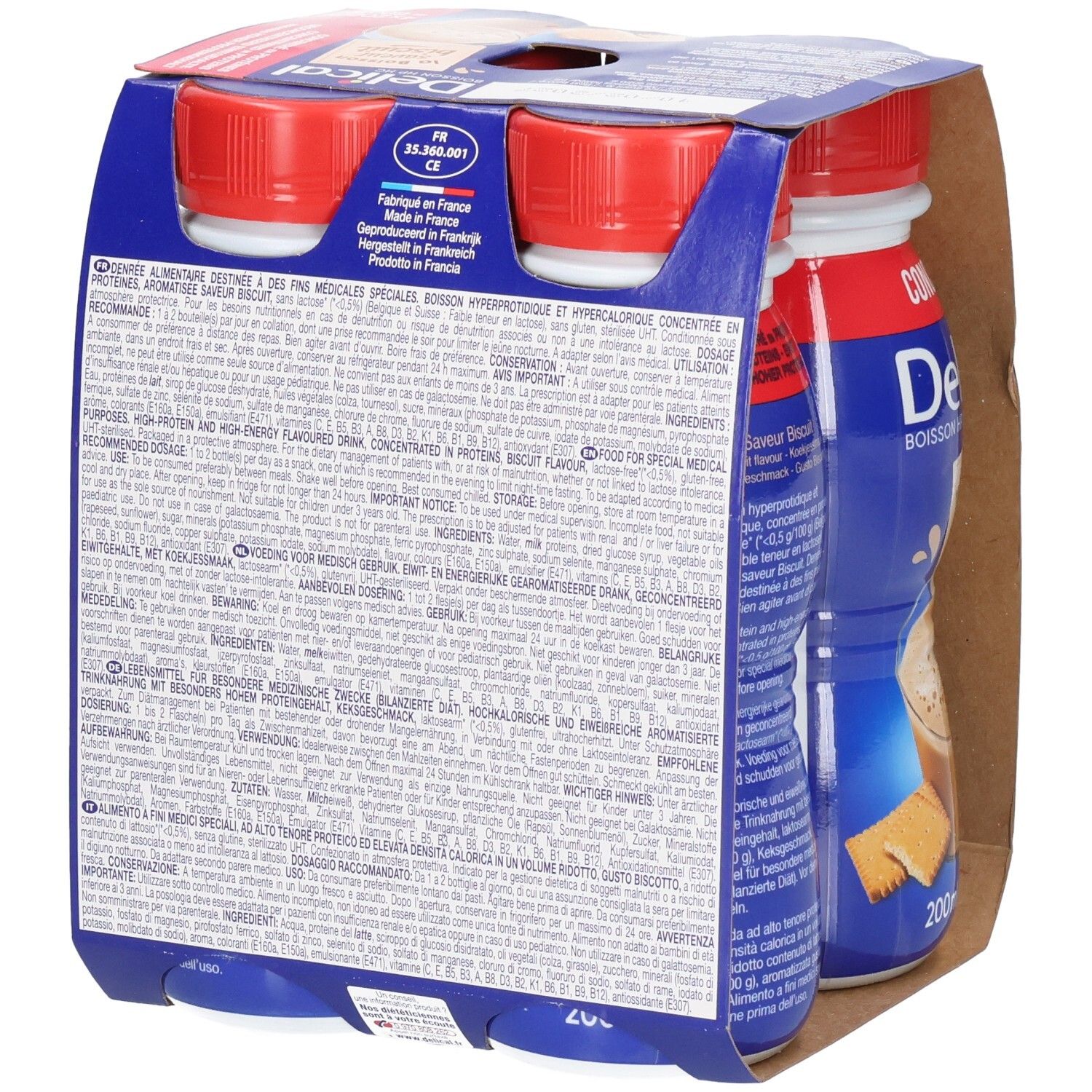 Achterkant van de verpakking met vier flessen Delical Concentraat Biscuit. Meertalige tekst. Informatie over ingrediënten en voedingswaarde.