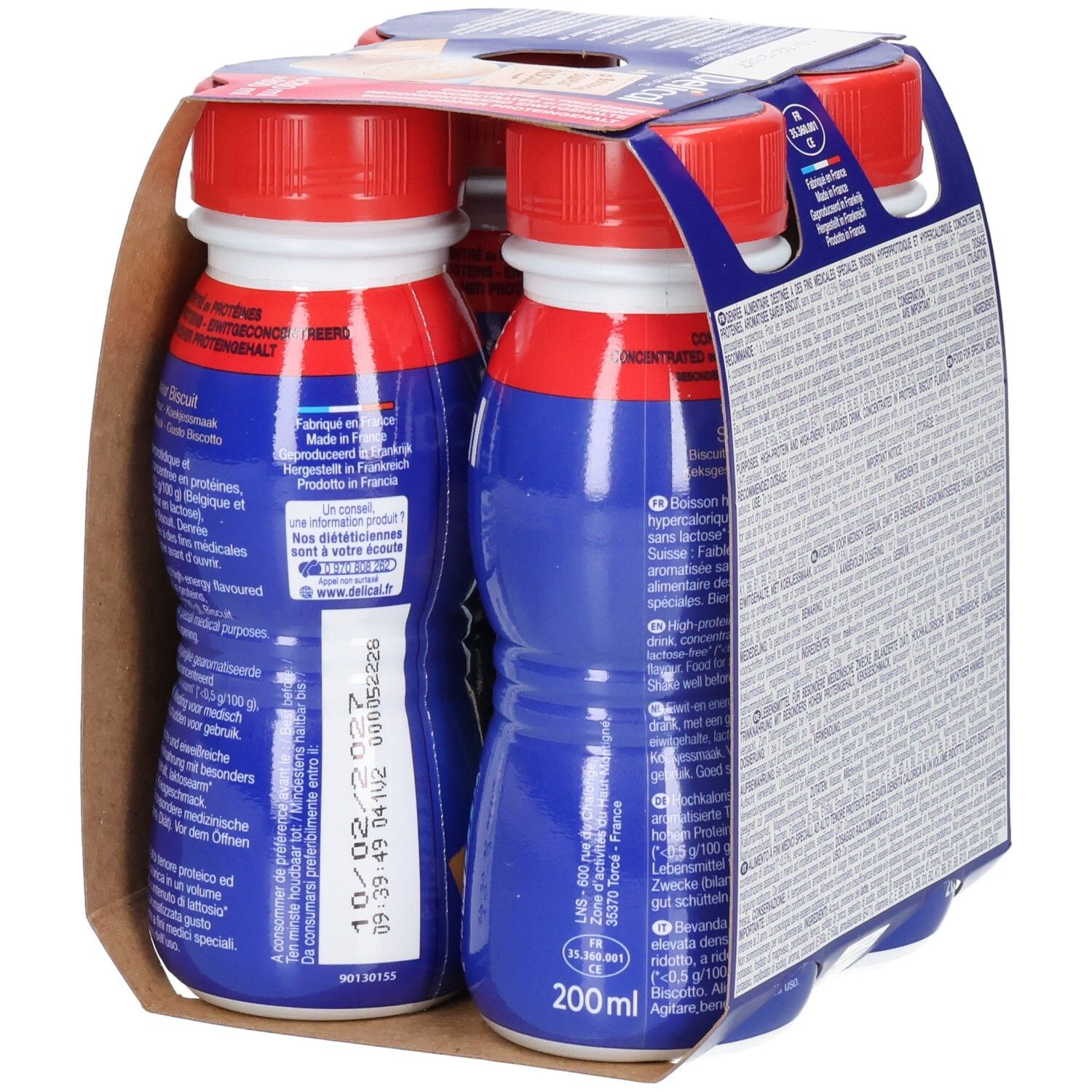Achterkant van de verpakking met vier flessen Delical Concentraat Biscuit. Meertalige tekst. Informatie over ingrediënten en voedingswaarde.