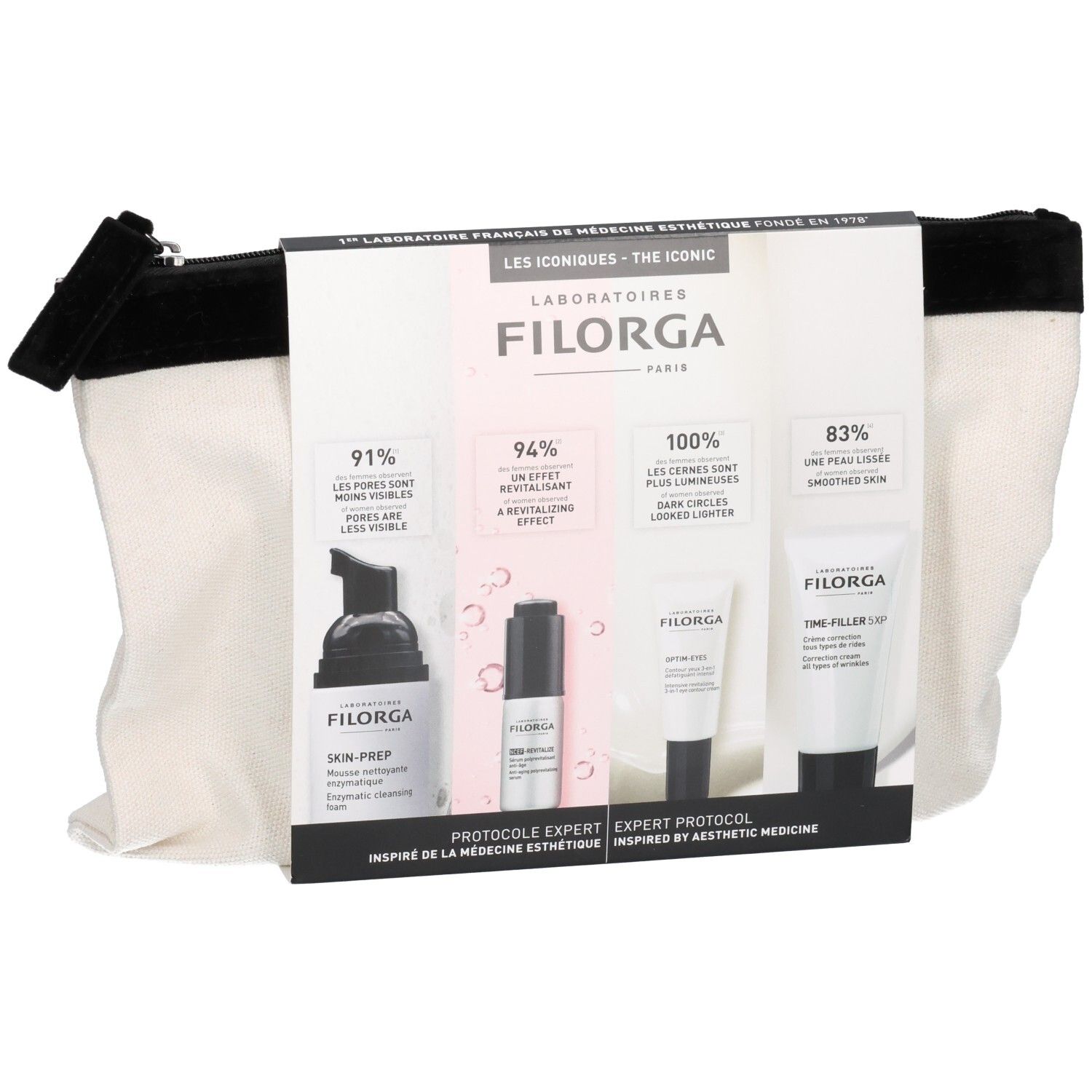 Pochette Découverte Les Iconiques Filorga, trousse avec quatre produits de soin.