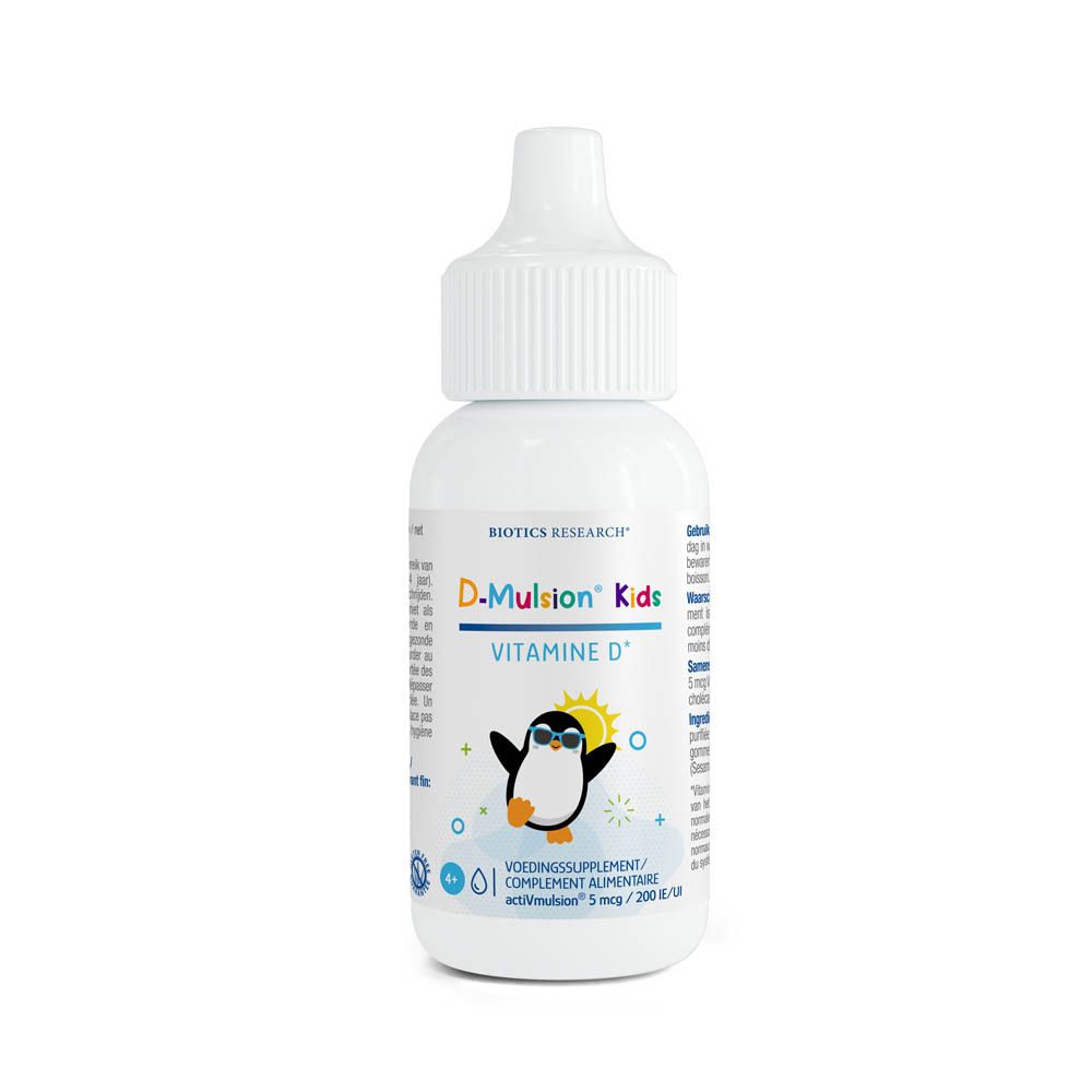Flacon de gouttes D-Mulsion Kids Vitamine D3 avec motif pingouin, étiquetage français.