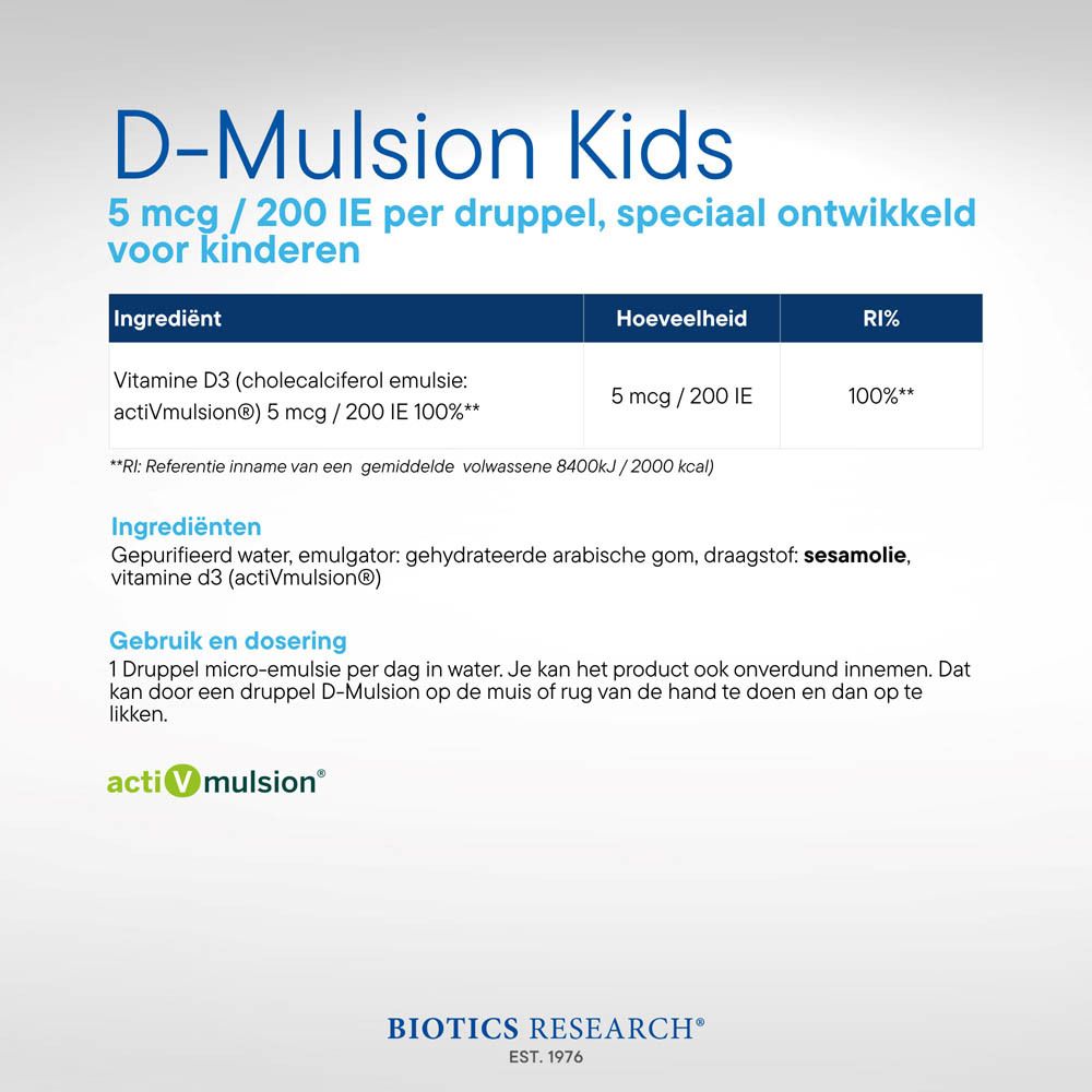 D-Mulsion Kids Vitamine D3 druppels flesje met pinguïn-afbeelding, Nederlandse tekst.