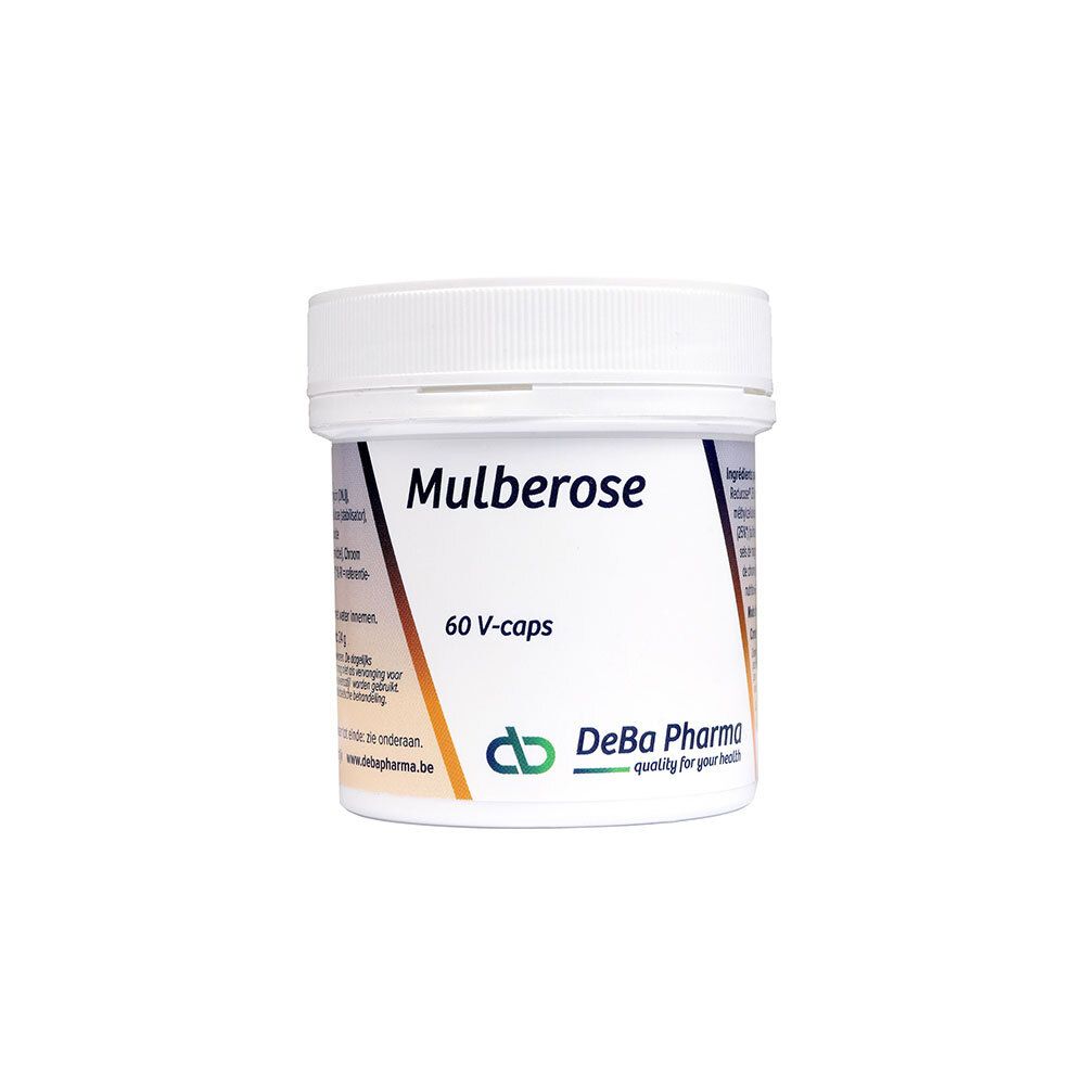 Witte pot met deksel. Opschrift: Mulberose, 60 V-caps. Logo DeBa Pharma.