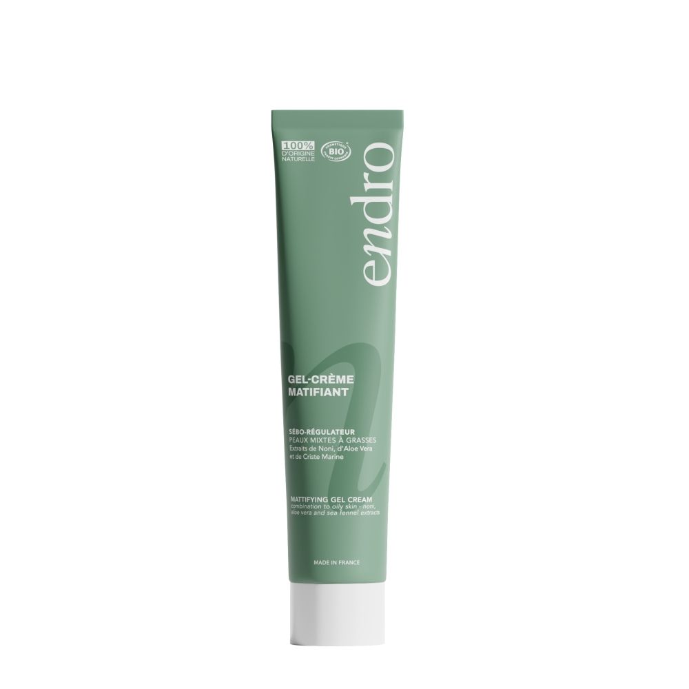 Endro Gel-Crème Mattifiant tube met witte dop. 100% natuurlijke ingrediënten.