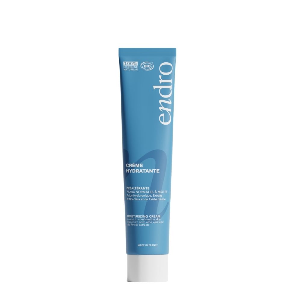 Endro hydraterende crème tube. Blauwe tube met wit logo en productnaam "Crème Hydratante".