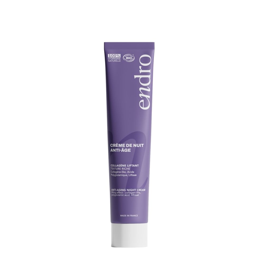 Endro anti-aging nachtcrème tube. Lila tube met witte belettering en productnaam.