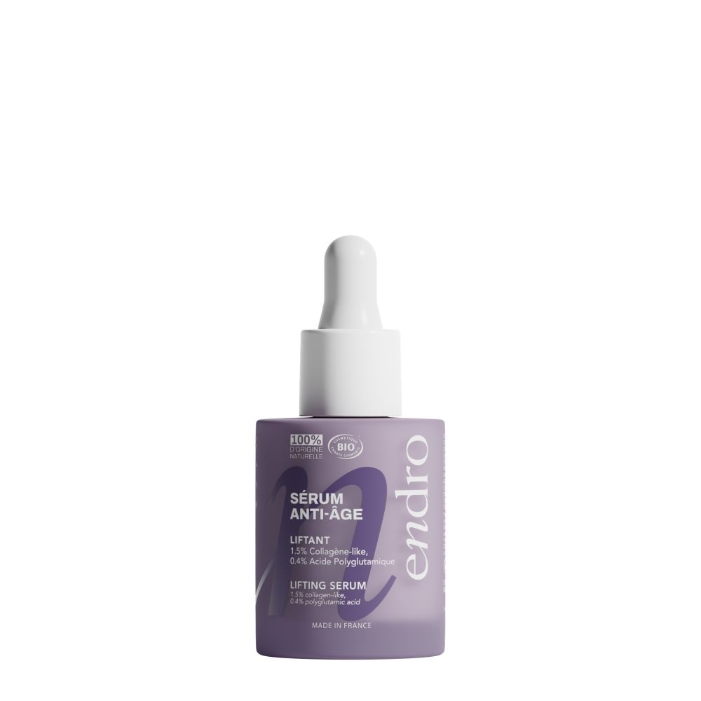 Flacon en verre lilas avec pipette. Façade avec l'étiquette 'SÉRUMLIFTANT ANTI-ÂGE'.