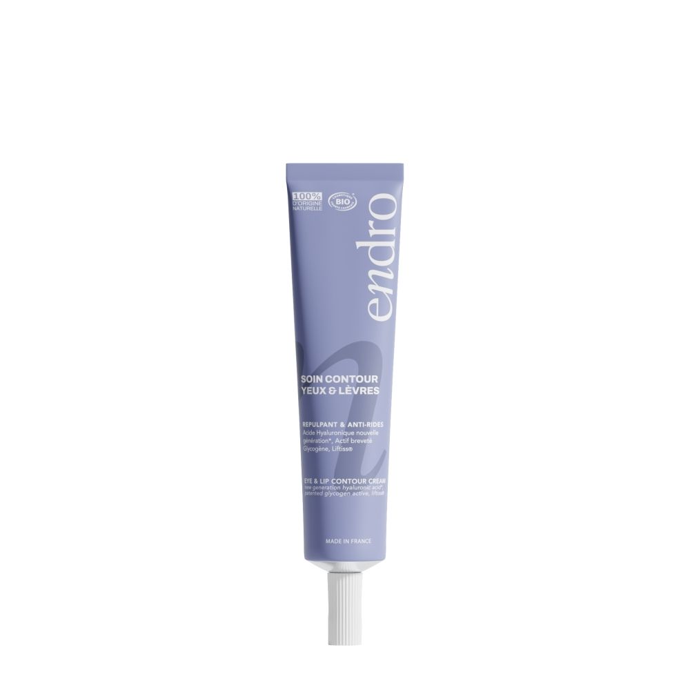 Paarse tube met witte dop, met 'endro SOIN CONTOUR YEUX & LEVRES' erop.