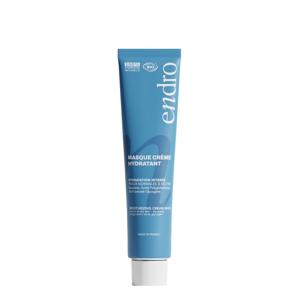 Tube de masque crème hydratant Endro, bleu avec bouchon blanc. Ingrédients 100% naturels.