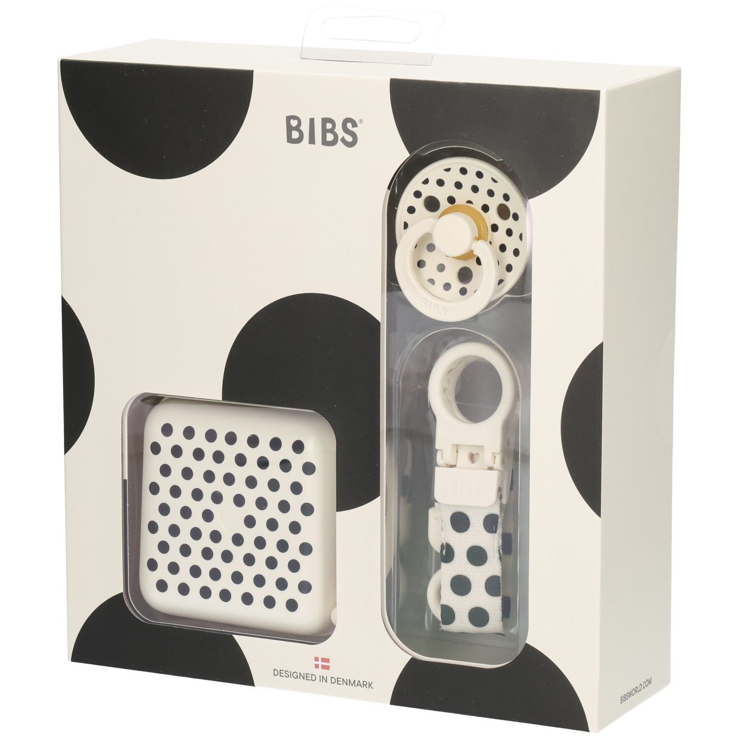 Cadeauset met fopspeen, doos en speenclip. Verpakking met zwarte stippen. Merk BIBS.