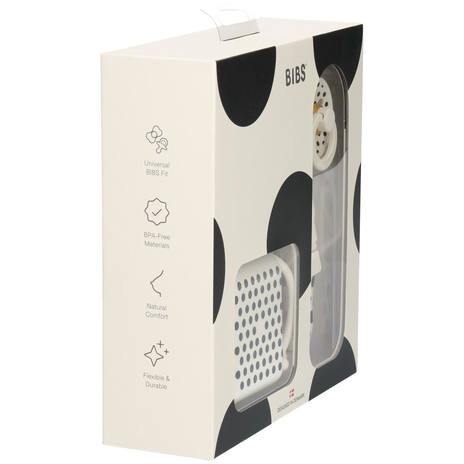 Cadeauset verpakking met fopspeen, doos en speenclip. Tekst: BPA-vrije materialen, natuurlijk comfort.
