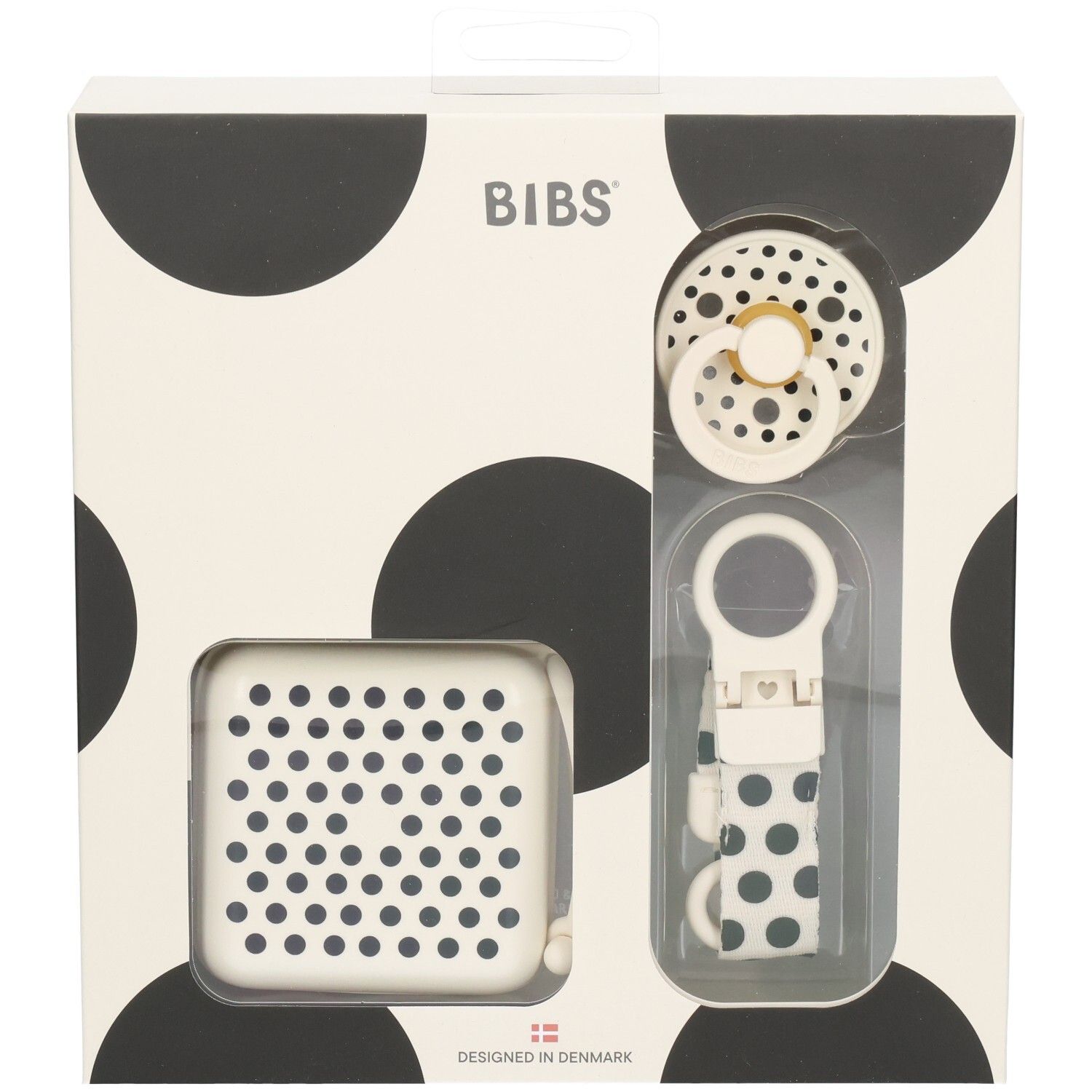 Cadeauset met fopspeen, doos en speenclip. Verpakking met zwarte stippen. Merk BIBS.