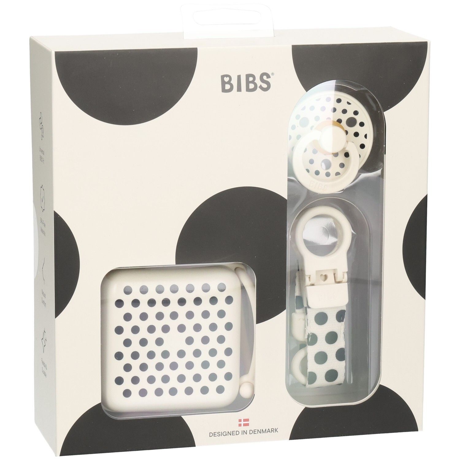Cadeauset met fopspeen, doos en speenclip. Verpakking met zwarte stippen. Merk BIBS.