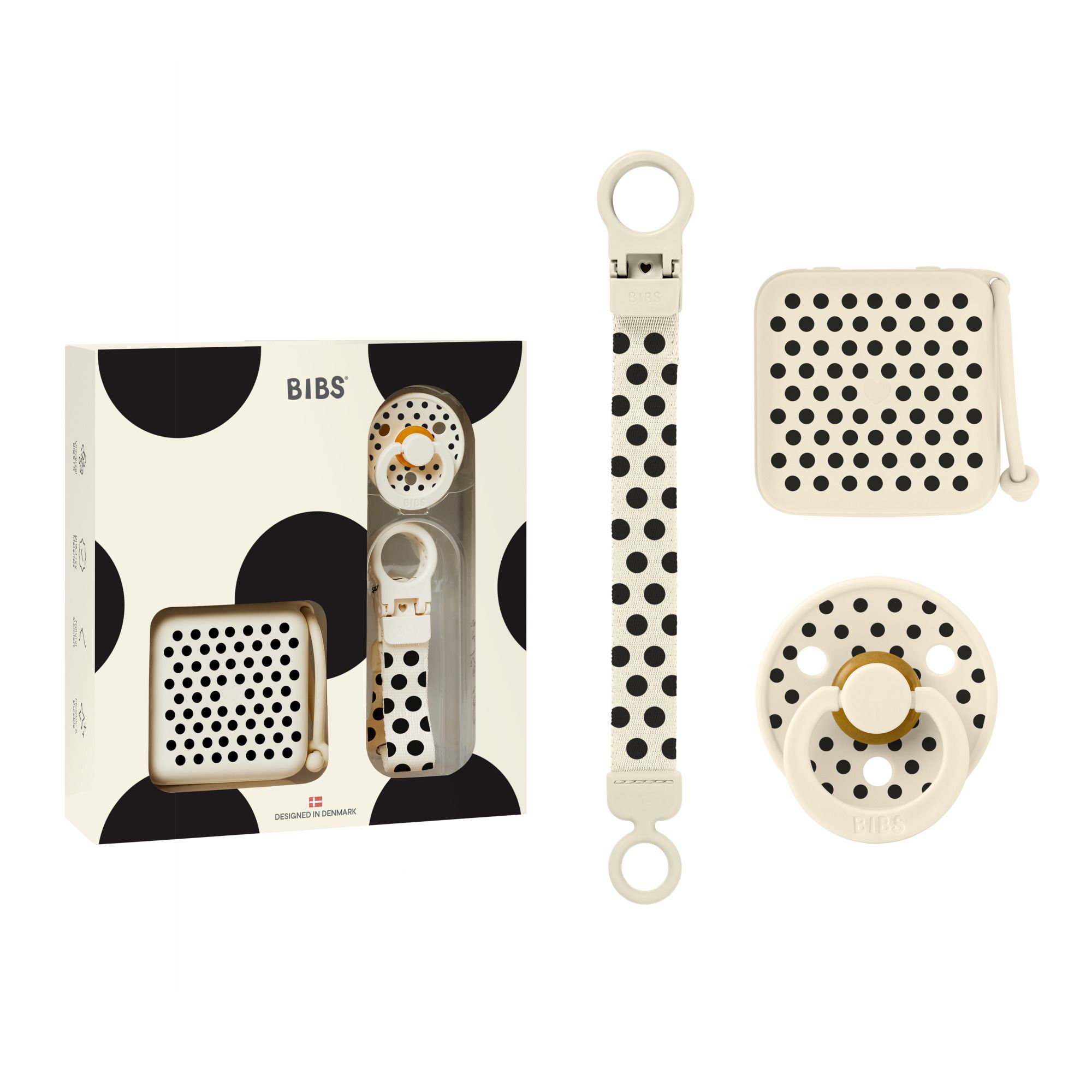 Cadeauset met fopspeen, doos en speenclip. Verpakking met zwarte stippen. Merk BIBS.