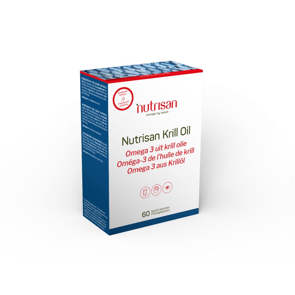 Nutrisan Krill Oil verpakking, 60 vloeibare capsules met Omega-3 vermelding.