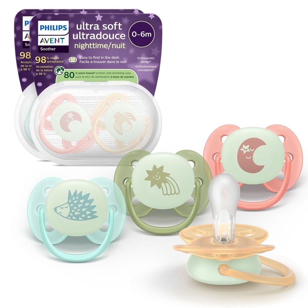Plusieurs sucettes avec emballage. Inscription: Philips AVENT ultra soft 0-6m. Nighttime/nuit. Différents modèles.
