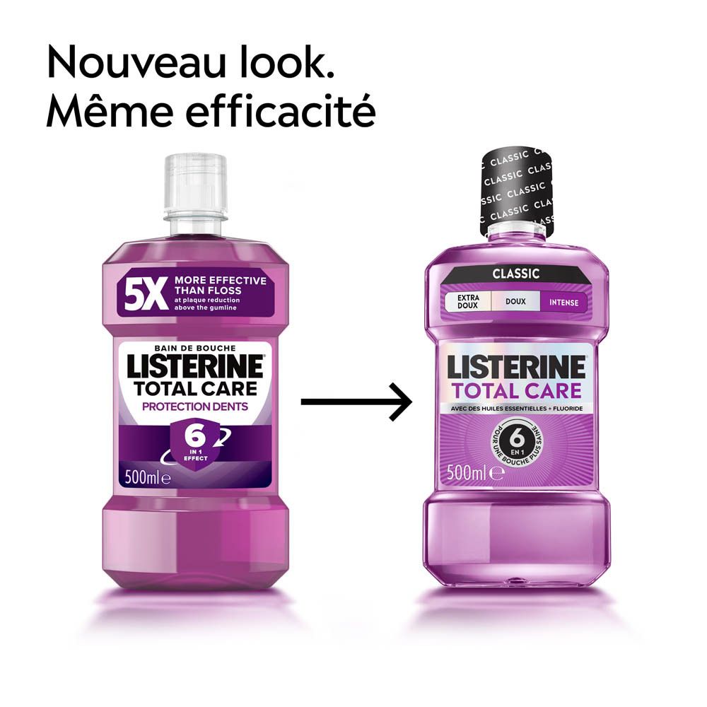 Deux bouteilles de bain de bouche Listerine Total Care, 500ml. Une bouteille au design ancien, l'autre au nouveau design.