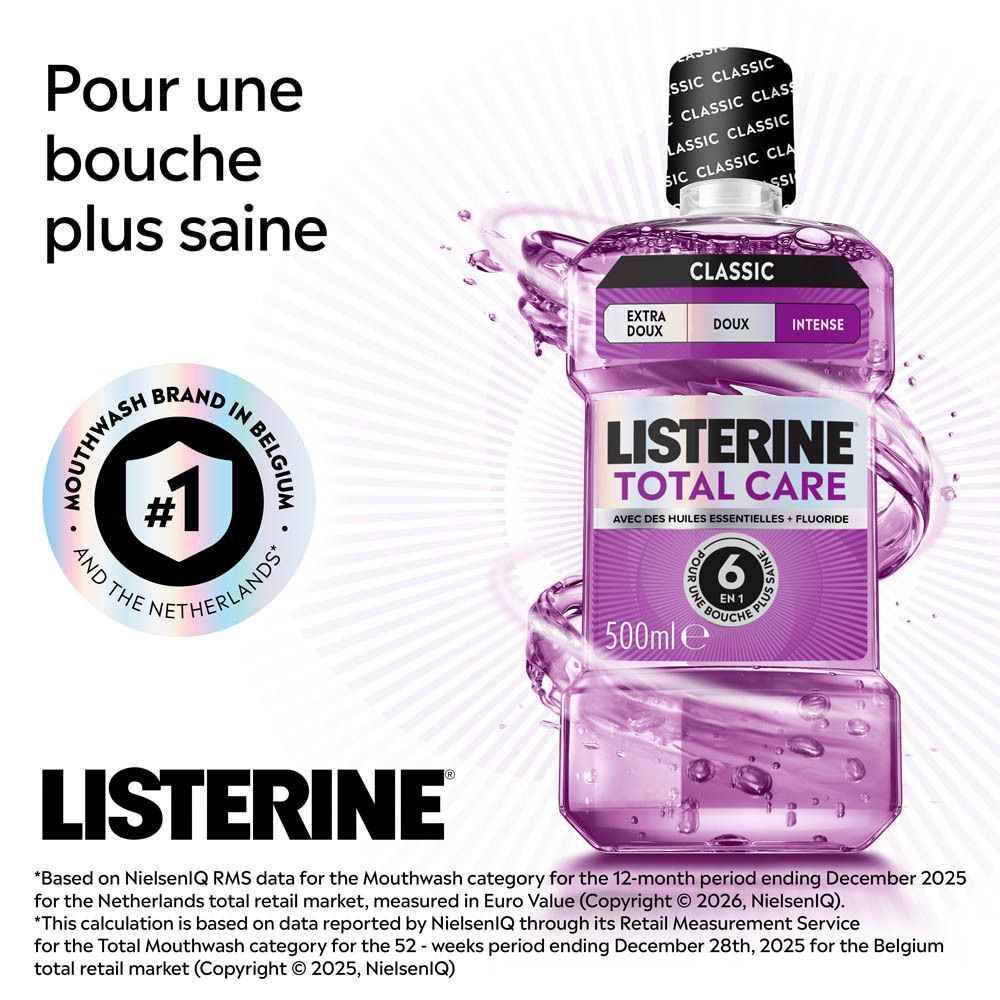 Bain de bouche Listerine Total Care, 500ml, couleur violette. Sceau "Mouthwash Brand in Belgium and the Netherlands #1".