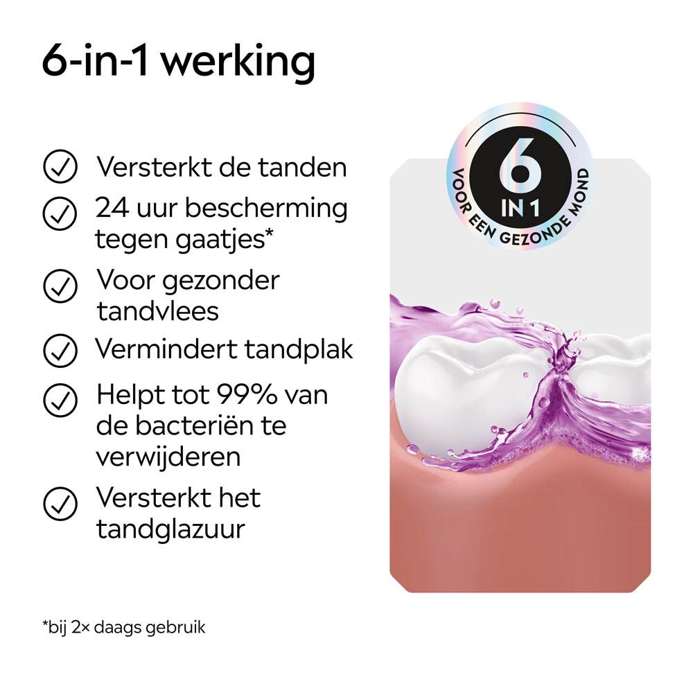 Grafiek met 6 voordelen voor de mondgezondheid, waaronder tandversterking en 99% bacterieverwijdering.