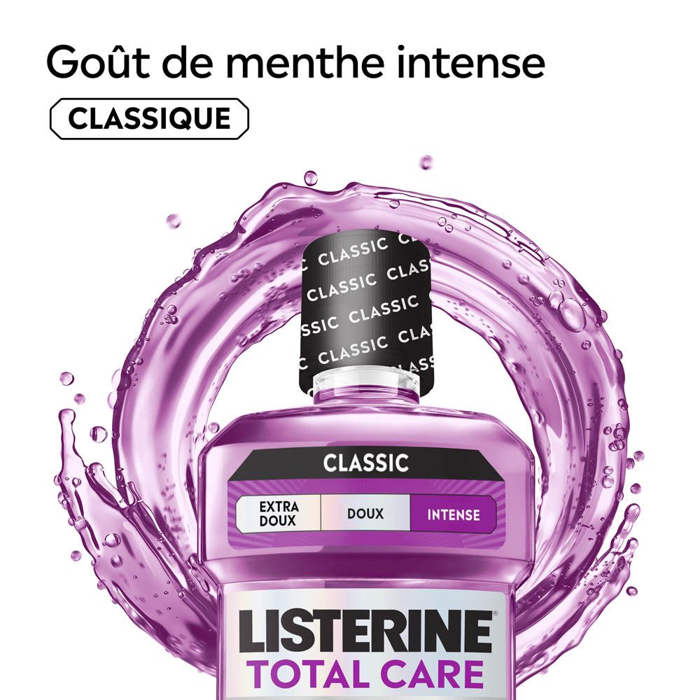 Bain de bouche Listerine Total Care Classic dans une bouteille violette avec éclaboussures.