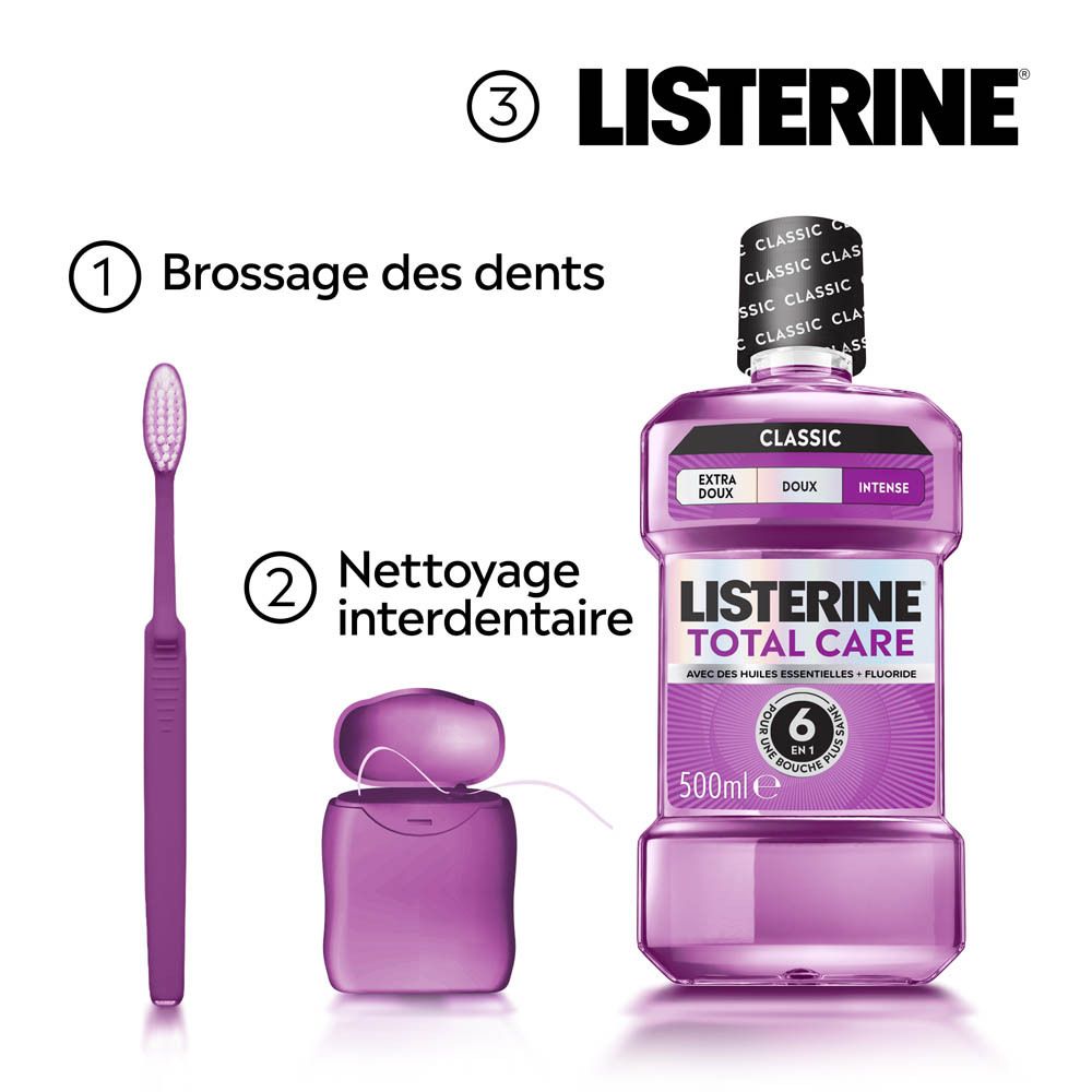 Bain de bouche Listerine Total Care, brosse à dents et fil dentaire violets.