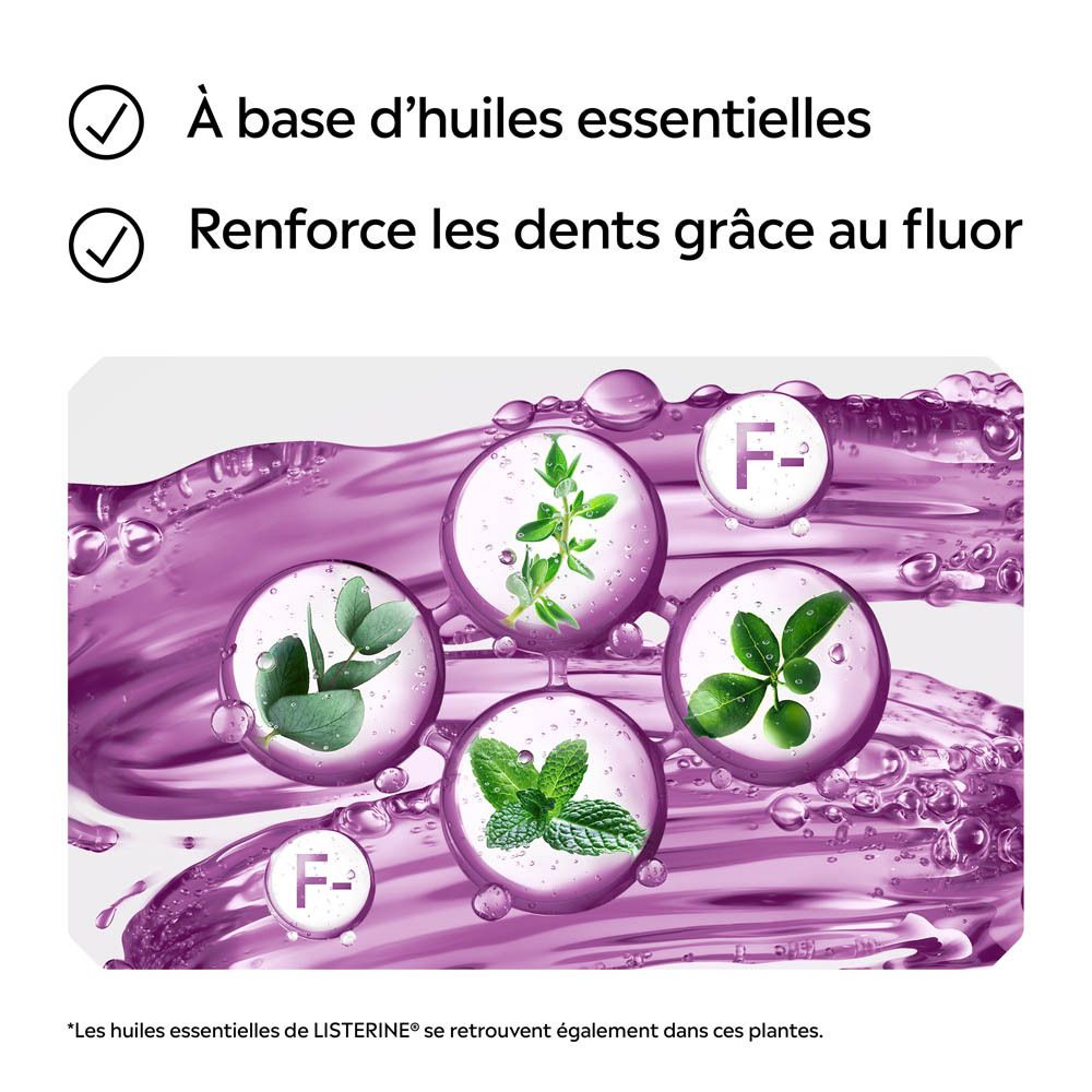 Cinq cercles avec des herbes et des symboles de fluor sur un liquide violet.