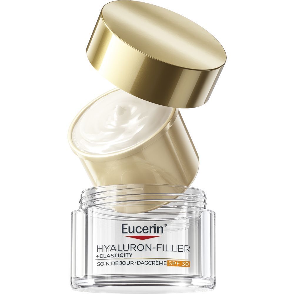 Un pot ouvert de crème hydratante Eucerin Hyaluron-Filler + Elasticity avec un couvercle doré.