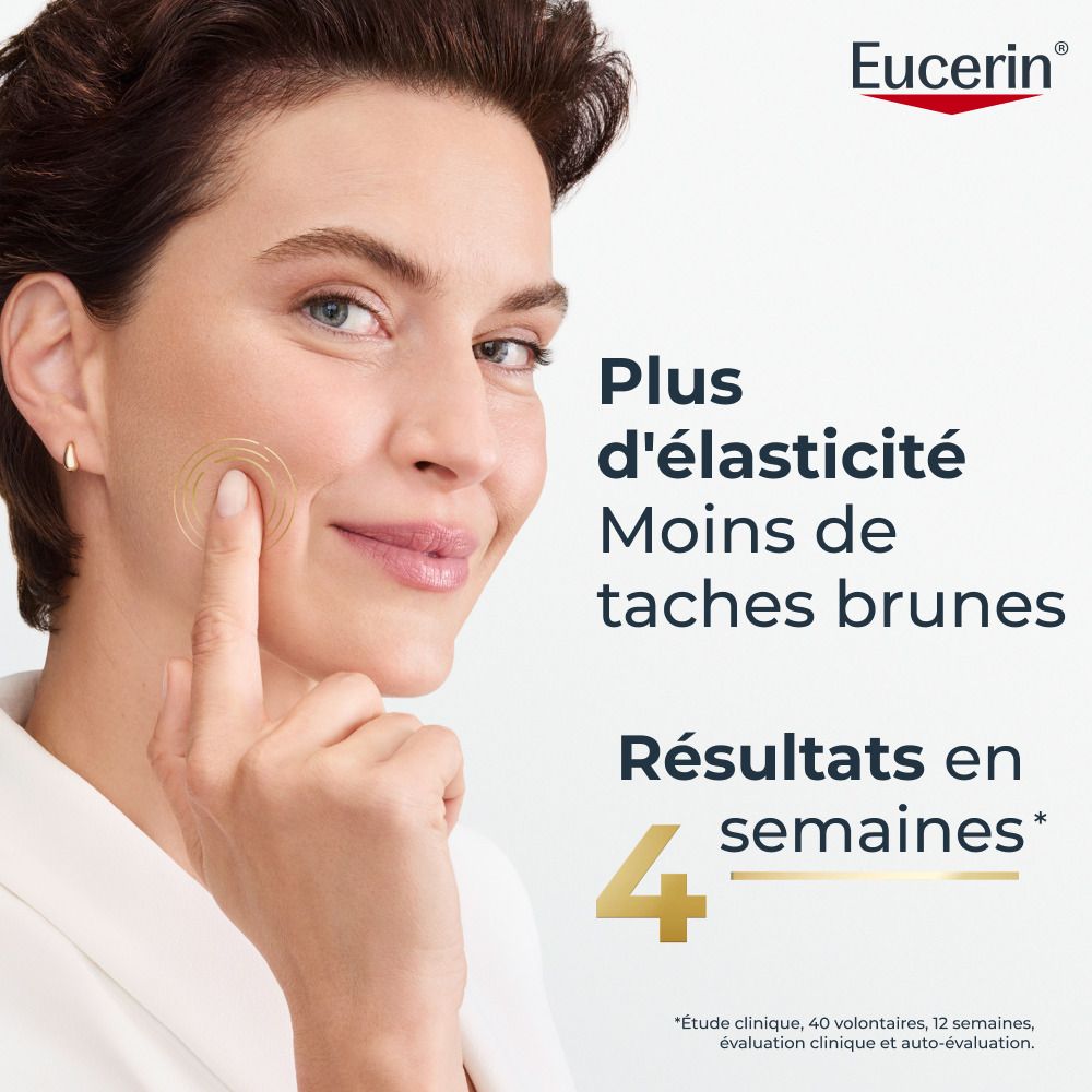 Trois produits Eucerin : eau micellaire, sérum et crème de jour.
