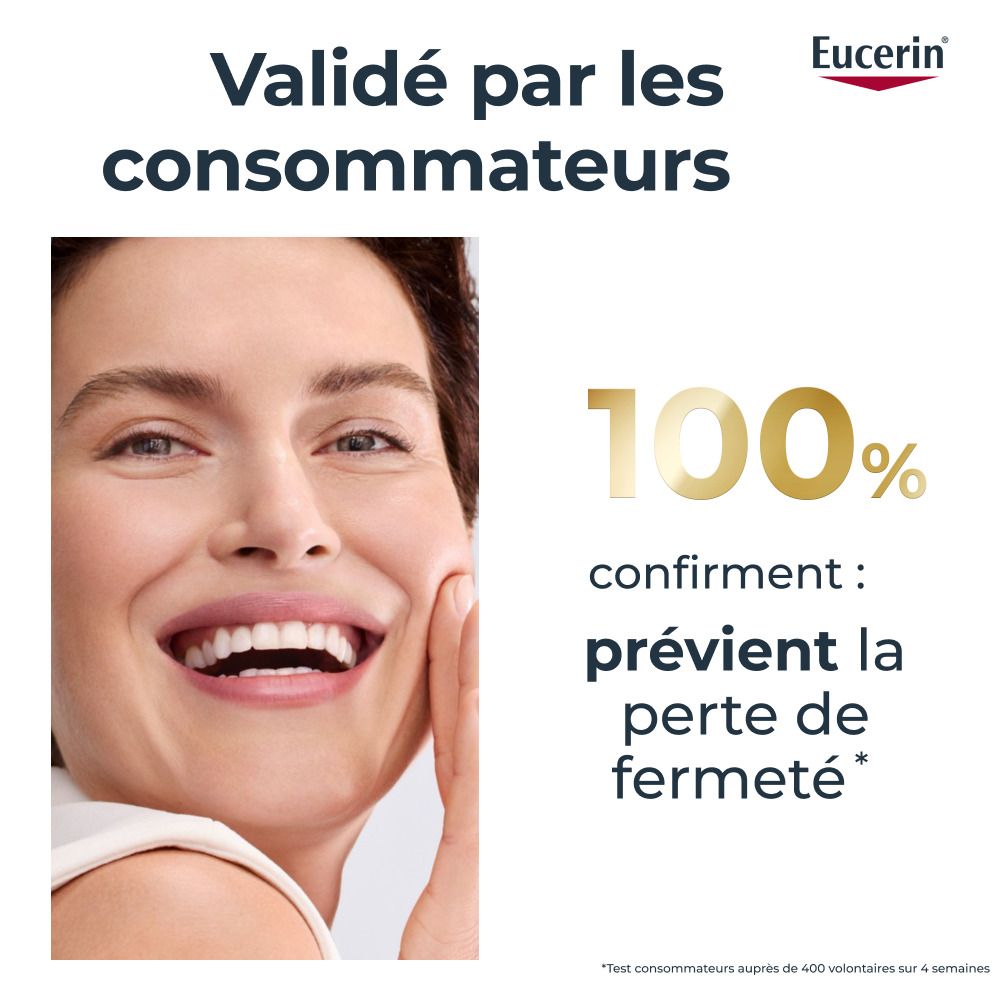 Une main tient un pot de crème hydratante Eucerin Hyaluron-Filler.