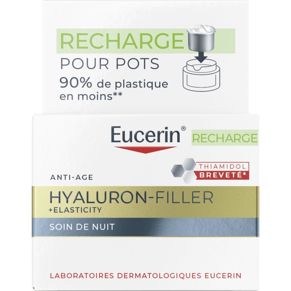 Crème de nuit Eucerin Hyaluron-Filler + Elasticity dans un pot avec un couvercle doré.