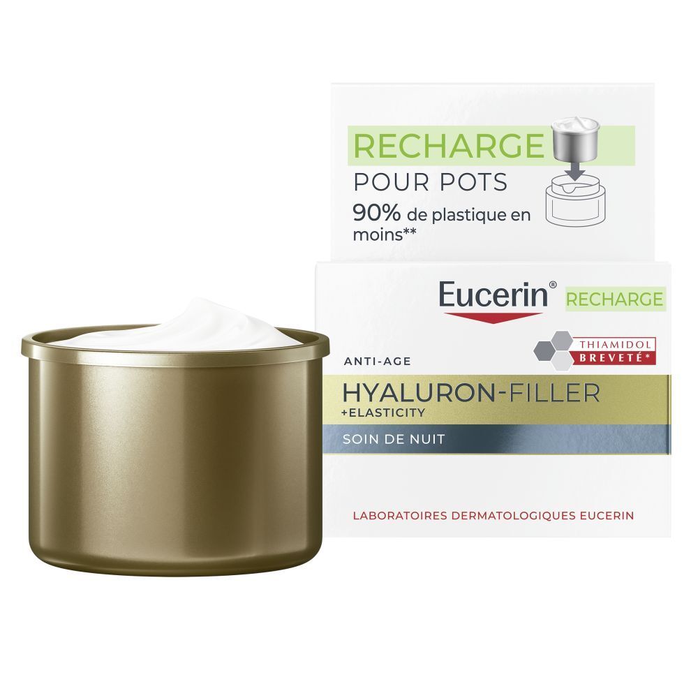 Crème de nuit Eucerin Hyaluron-Filler + Elasticity dans un pot avec un couvercle doré.