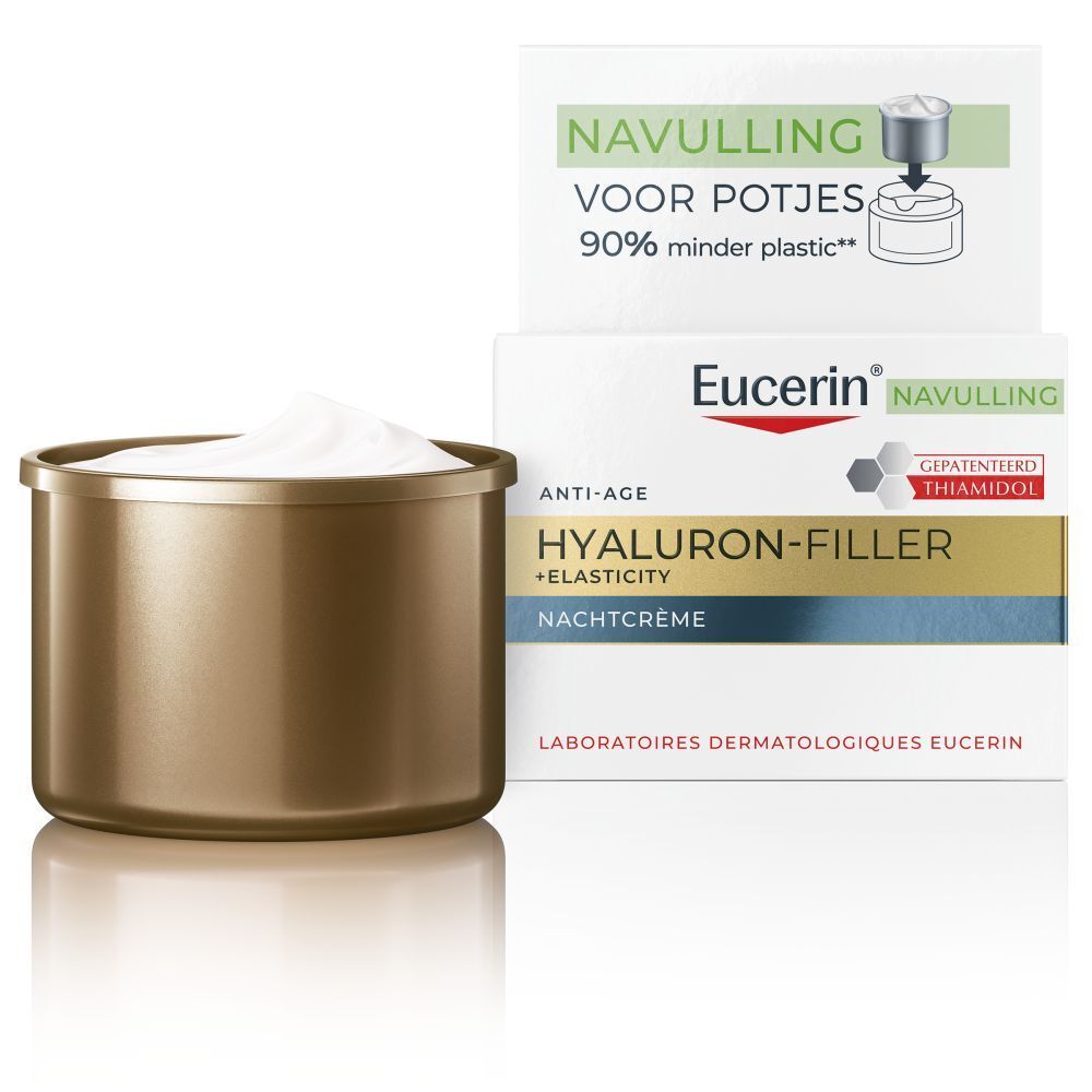 Eucerin Hyaluron-Filler + Elasticity nachtcrème in een glazen pot met gouden deksel.
