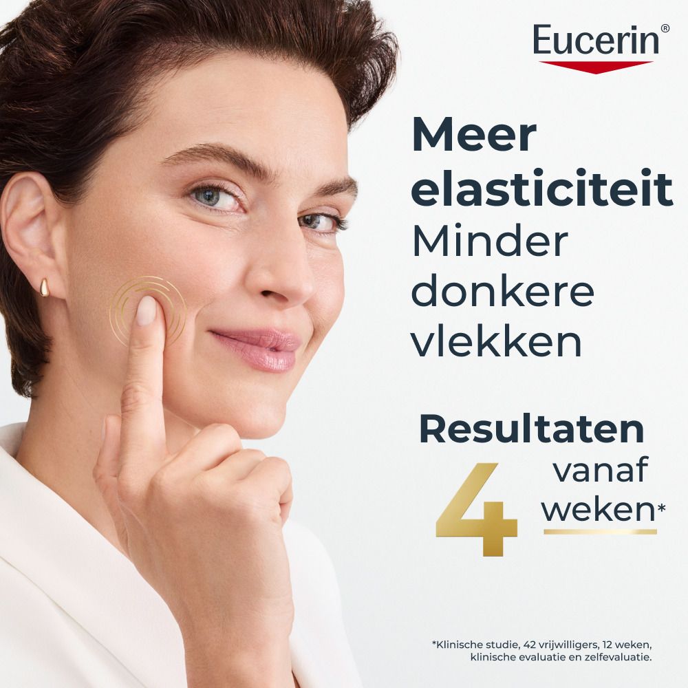 Drie Eucerin-producten: Micellair Water, 3D Serum en Dagcrème SPF 15.