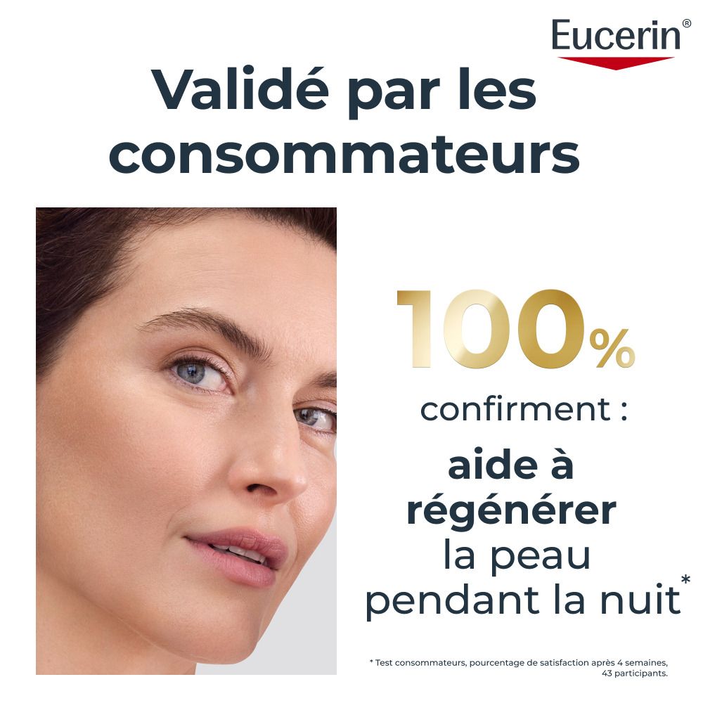 Eucerin Hyaluron-Filler + Elasticity Soin de Nuit dans un pot en verre avec couvercle doré.
