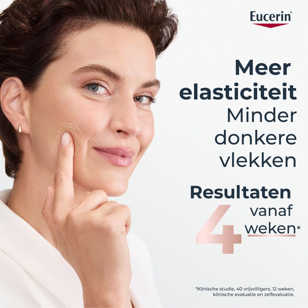 Drie Eucerin-producten: micellair water, serum en dagcrème SPF 30.