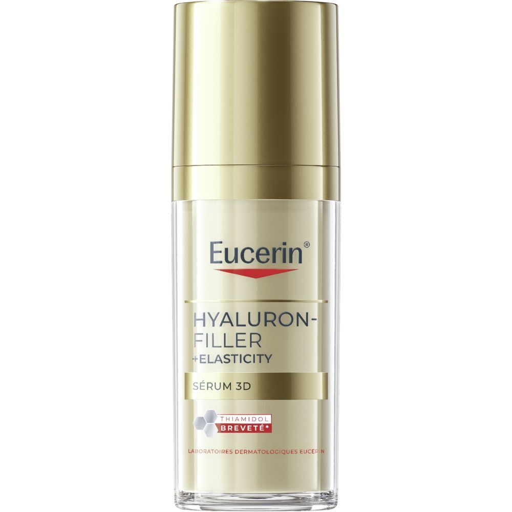 Sérum 3D Eucerin Hyaluron-Filler + Elasticity en boîte pliante avec flacon compte-gouttes.