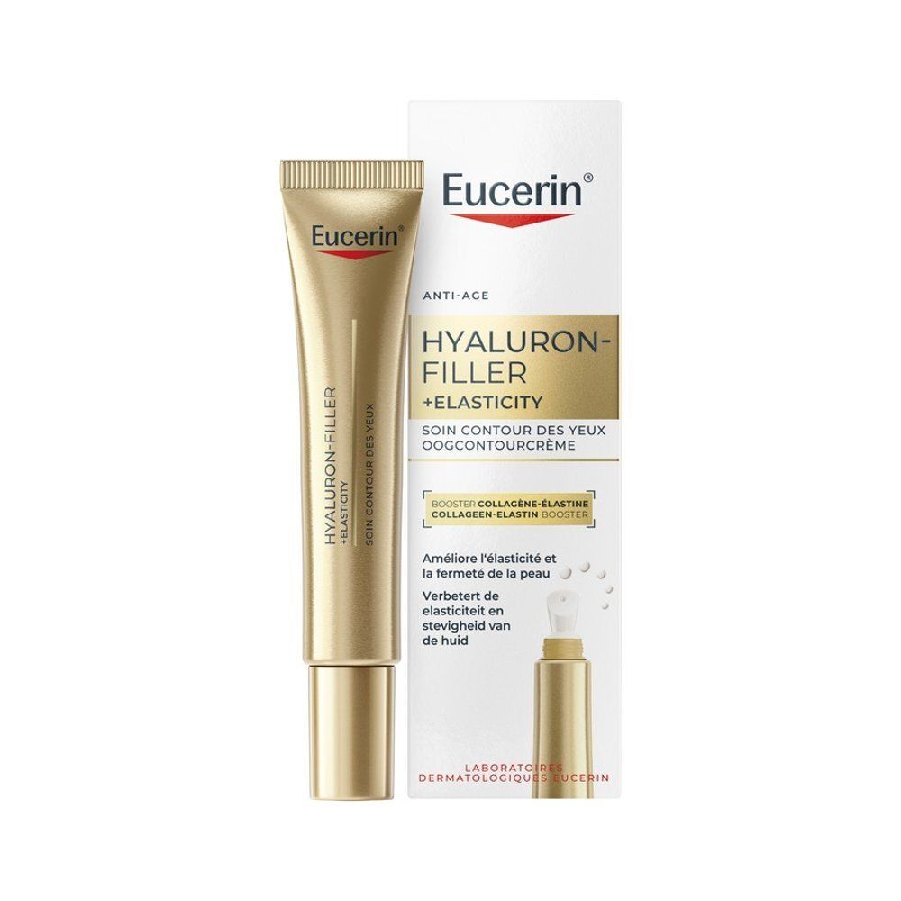 Arrière du tube de crème contour des yeux Eucerin Hyaluron-Filler + Elasticity avec informations.
