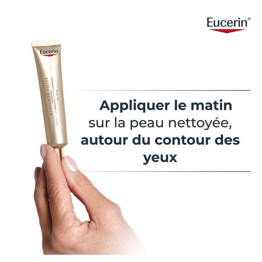 Côté de la boîte de crème contour des yeux Eucerin Hyaluron-Filler + Elasticity avec informations.