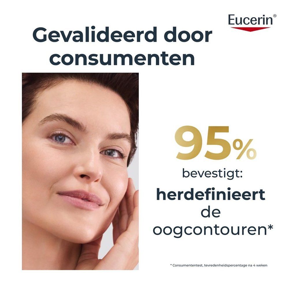 Zijkant van het doosje van Eucerin Hyaluron-Filler + Elasticity oogcontourcrème met productinformatie.