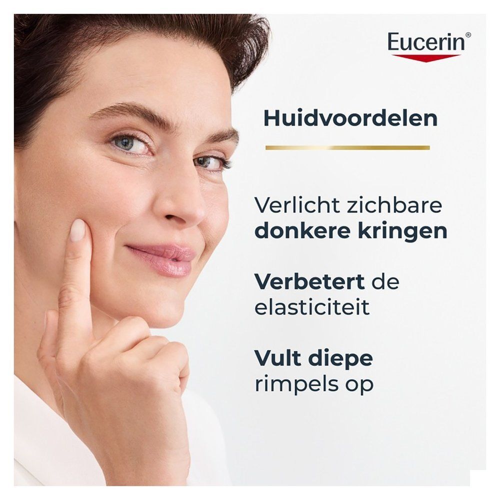 Tube Eucerin Hyaluron-Filler + Elasticity oogcontourcrème in een hand.