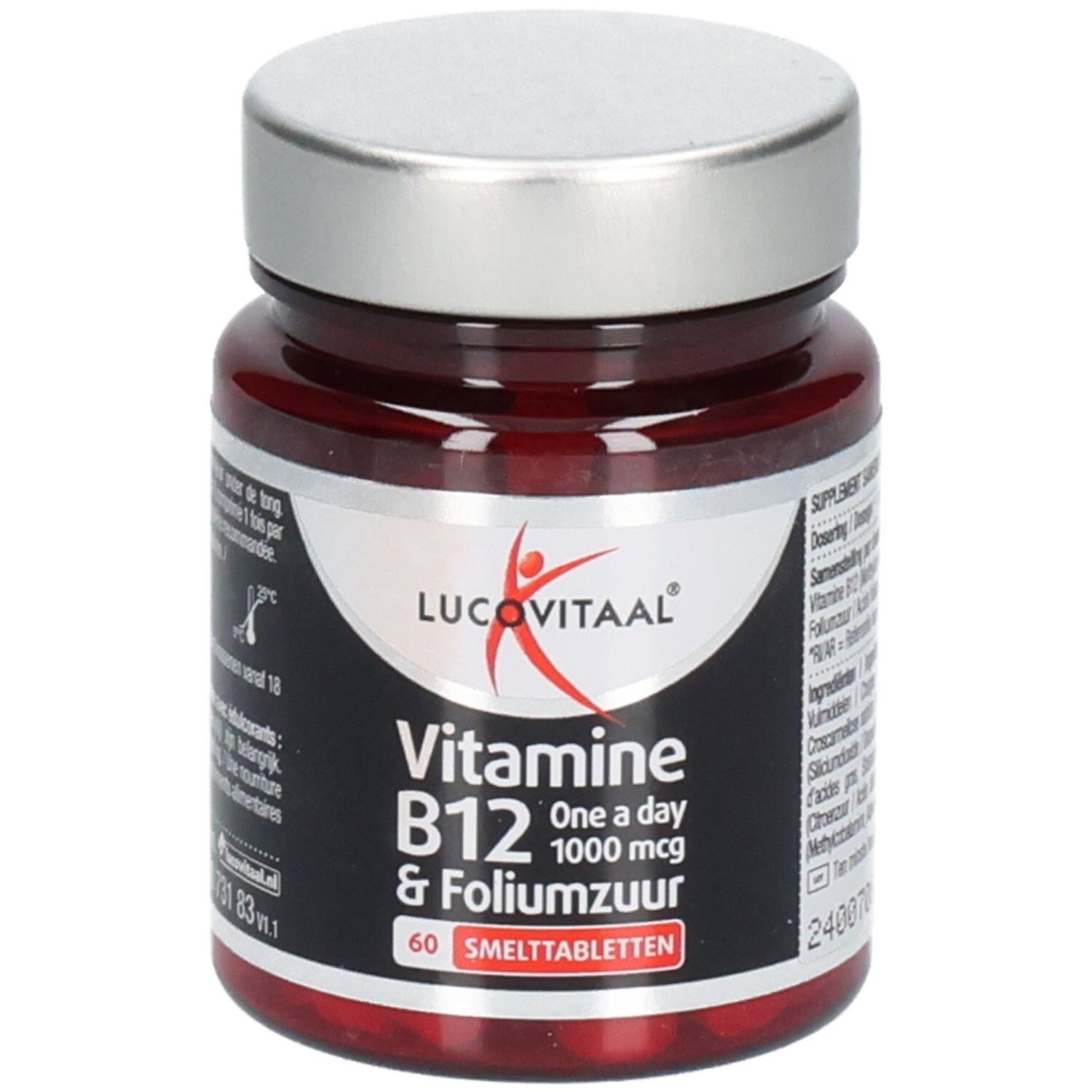 Flacon brun avec couvercle argenté. Étiquette avec nom du produit, vitamine B12 et acide folique. Contient 60 comprimés.