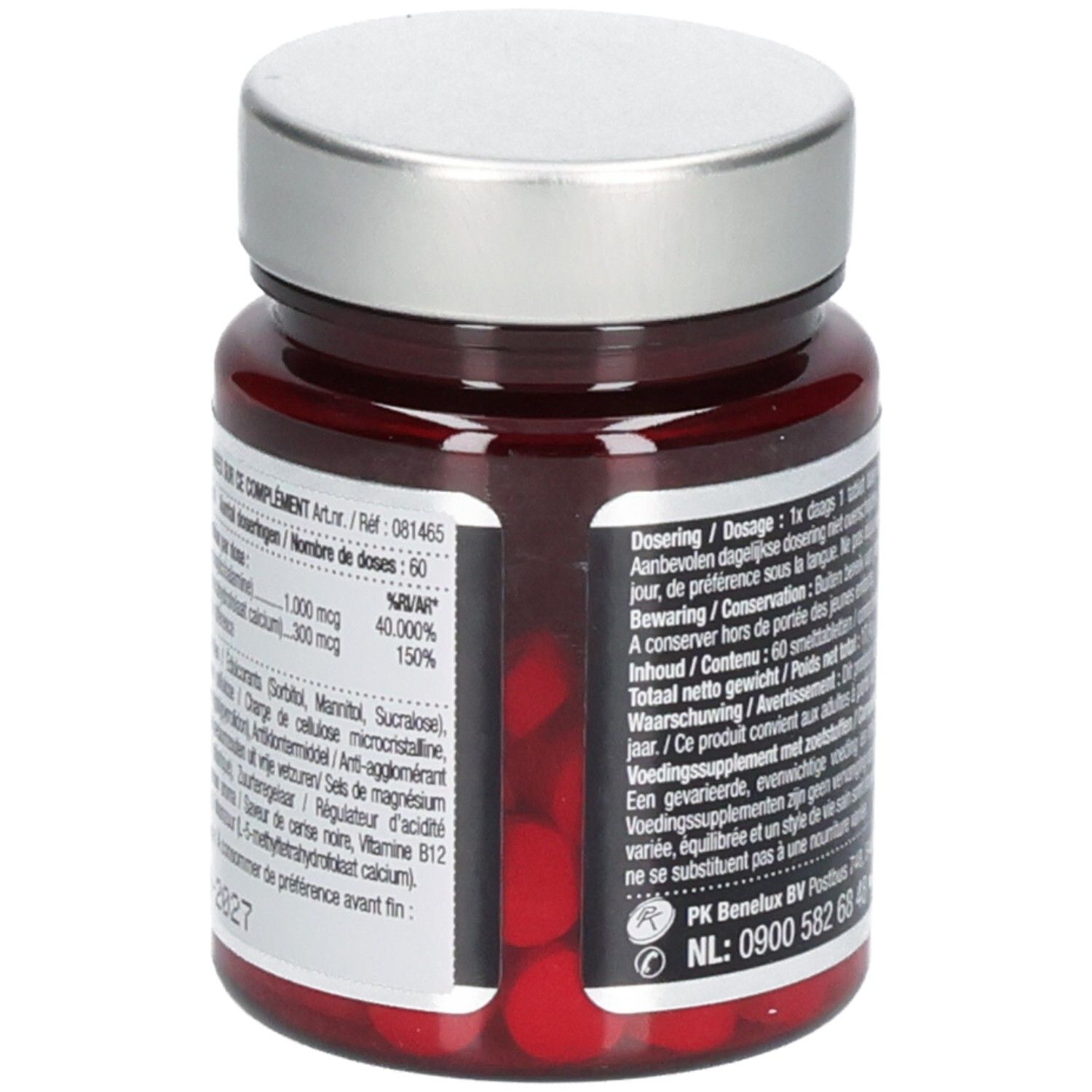 Dos du flacon brun avec couvercle argenté. Étiquette avec ingrédients et dosage. Contient 60 comprimés.
