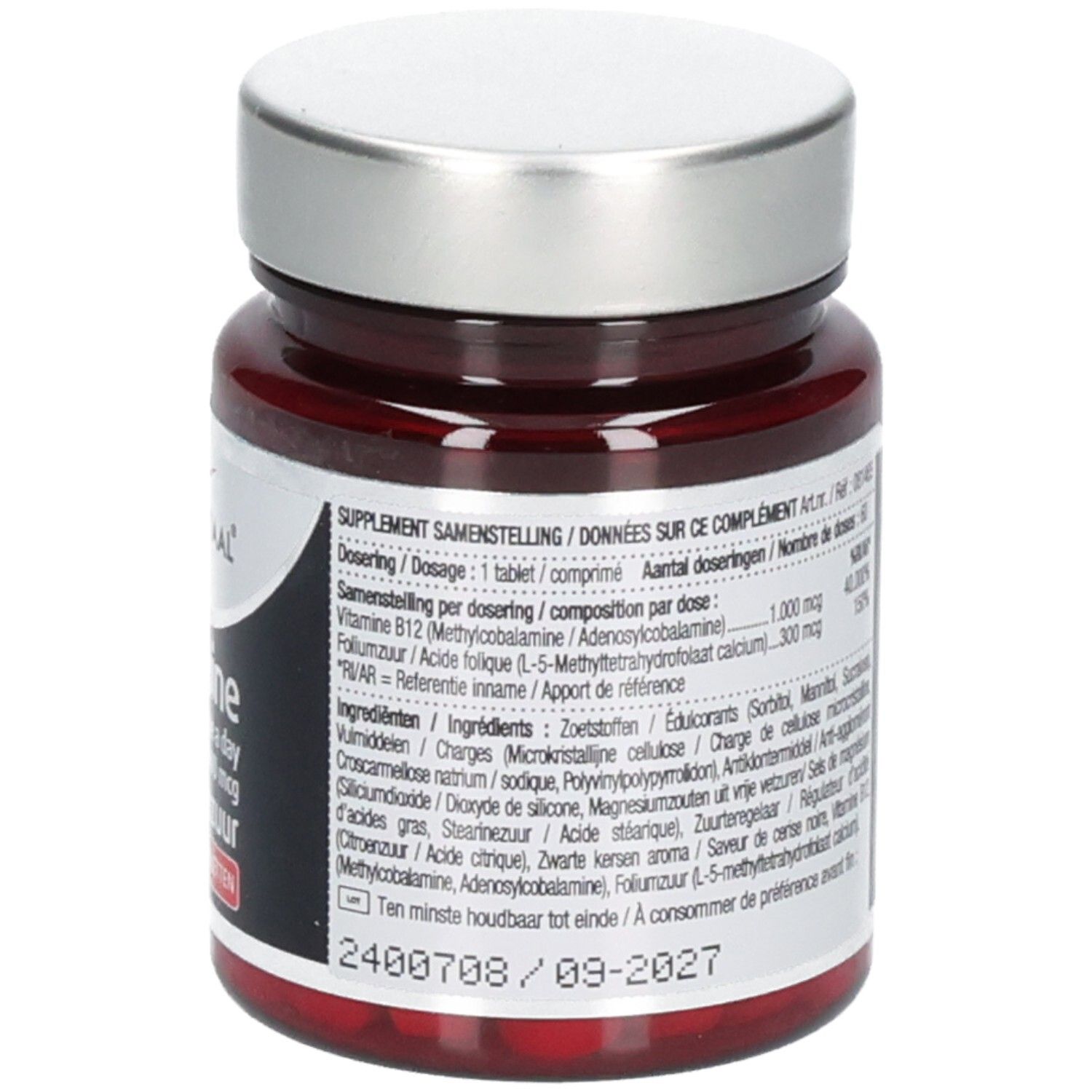 Dos du flacon brun avec couvercle argenté. Étiquette avec ingrédients et dosage. Contient 60 comprimés.