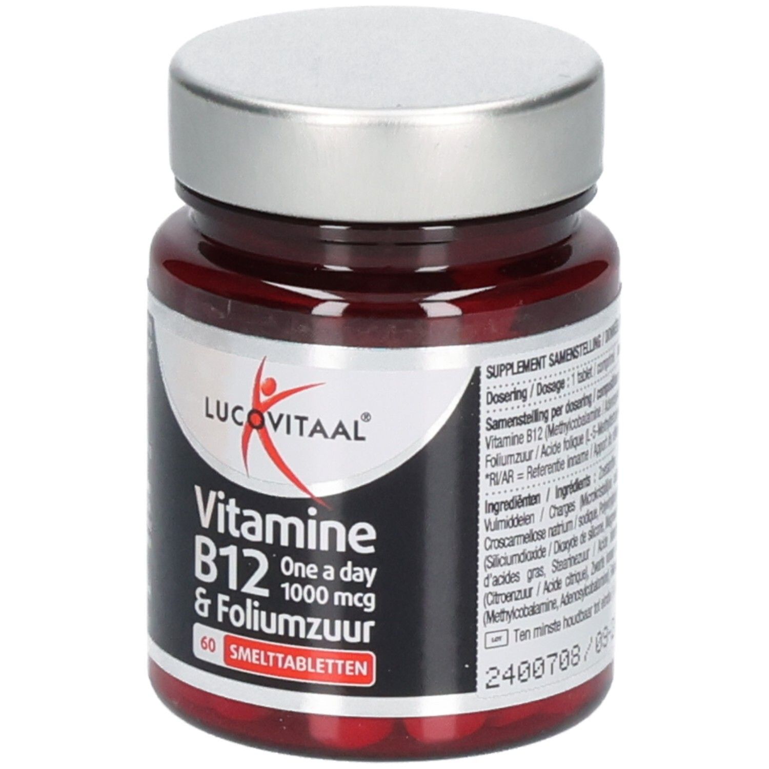 Flacon brun avec couvercle argenté. Étiquette avec nom du produit, vitamine B12 et acide folique. Contient 60 comprimés.