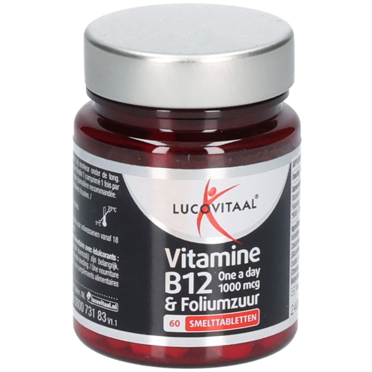Flacon brun avec couvercle argenté. Étiquette avec nom du produit, vitamine B12 et acide folique. Contient 60 comprimés.