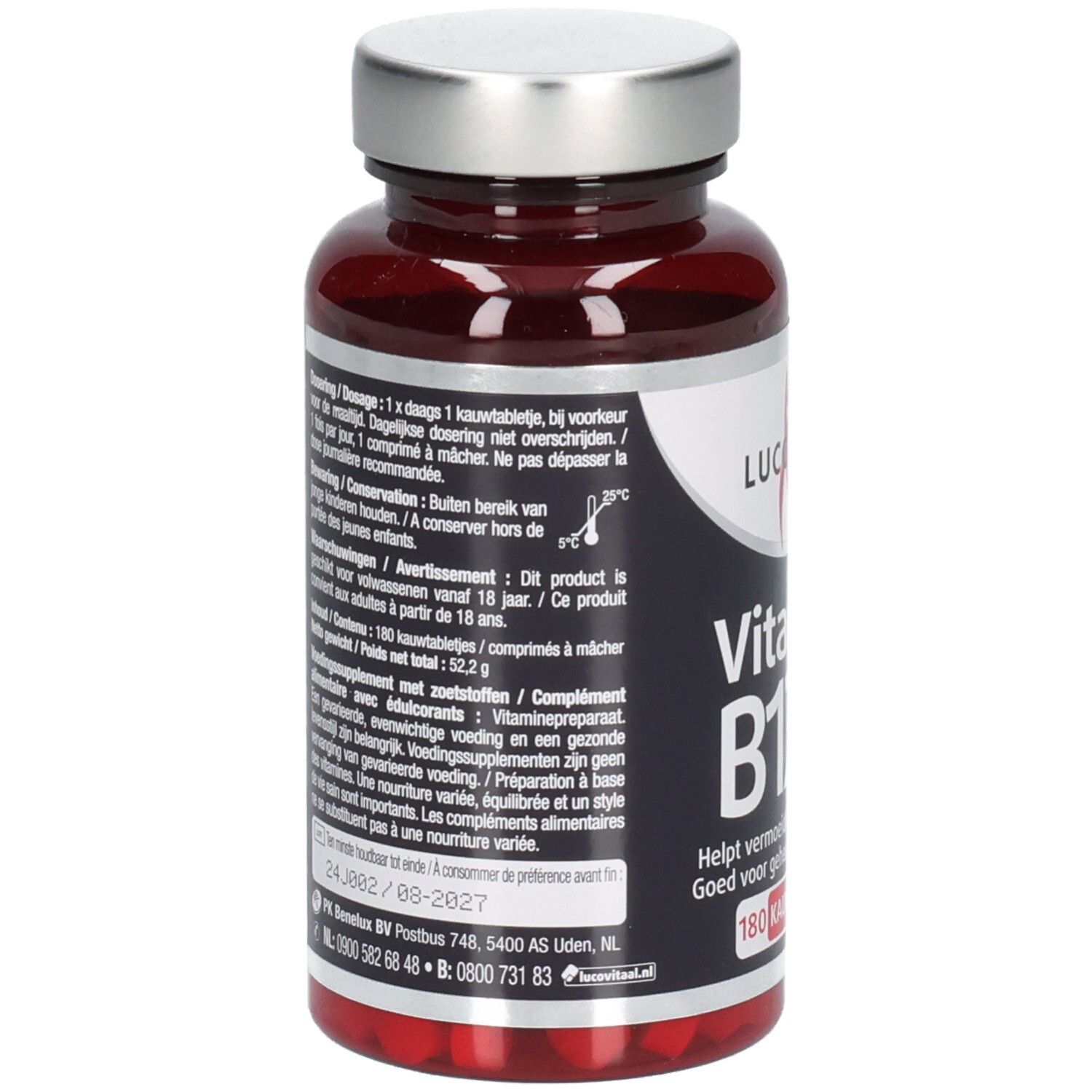 Dos du flacon marron. Informations textuelles et ingrédients. Marque: Lucovitaal.