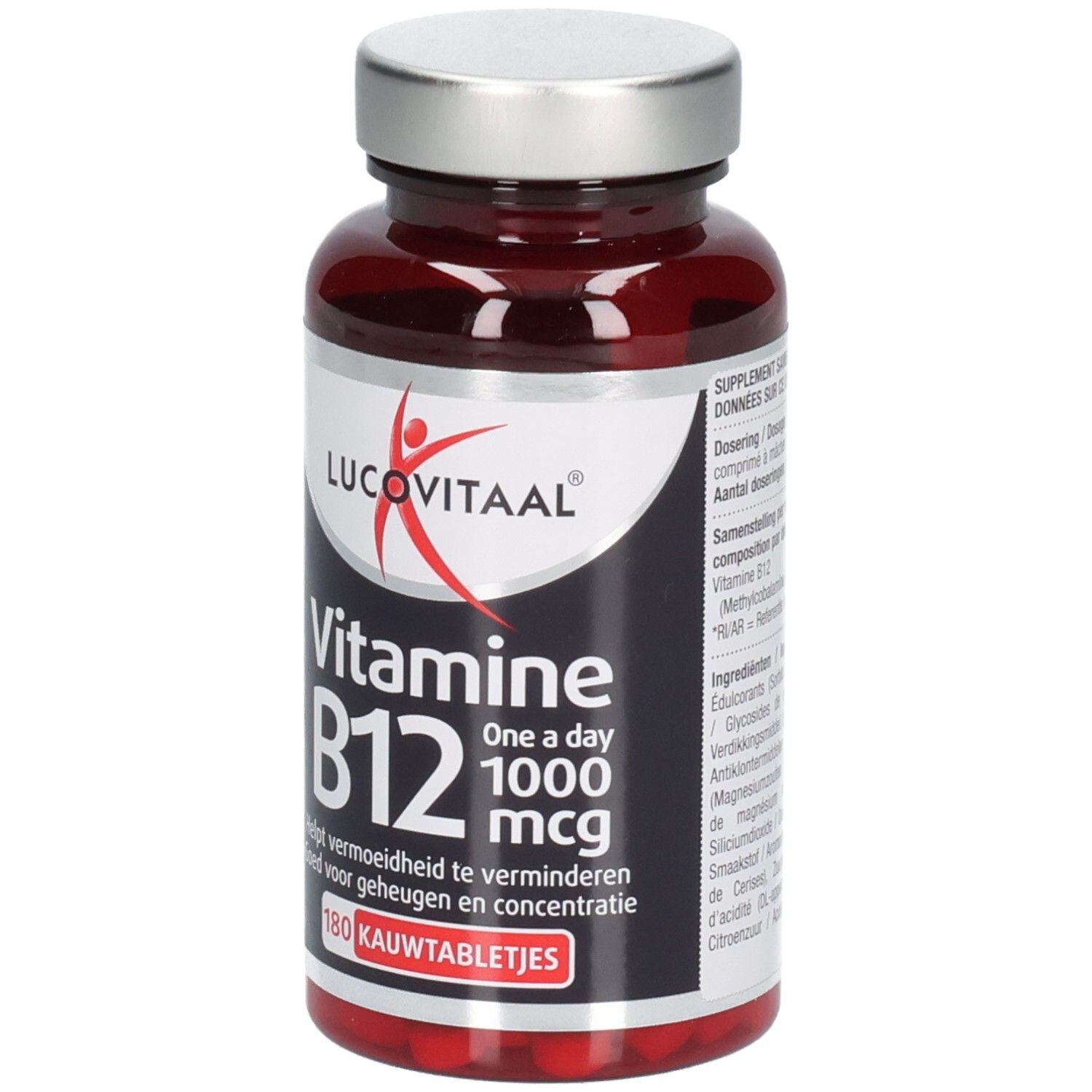 Flacon marron avec comprimés. Inscription: Vitamine B12 1000 mcg. 180 comprimés à croquer. Marque: Lucovitaal.