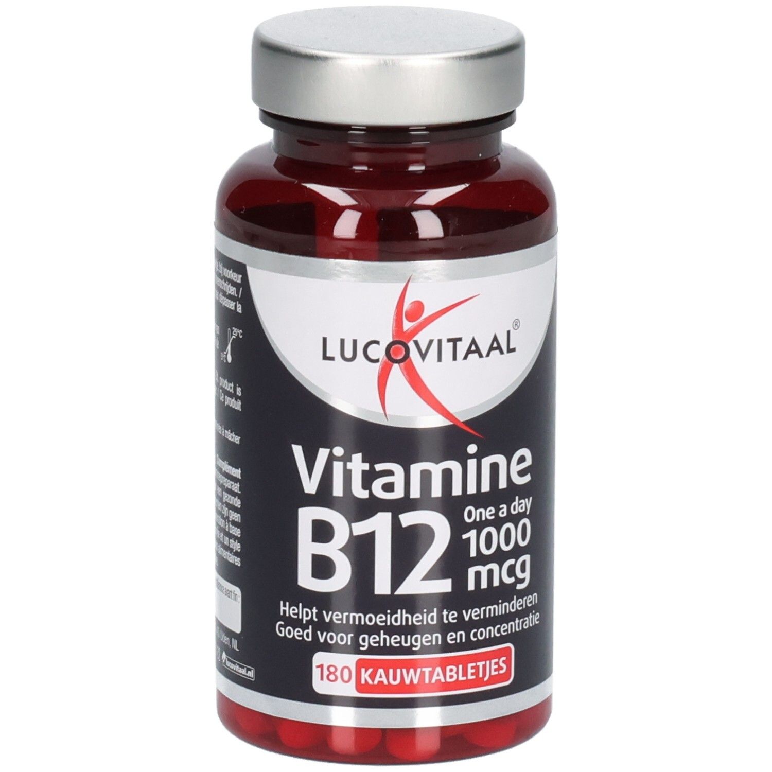Flacon marron avec comprimés. Inscription: Vitamine B12 1000 mcg. 180 comprimés à croquer. Marque: Lucovitaal.
