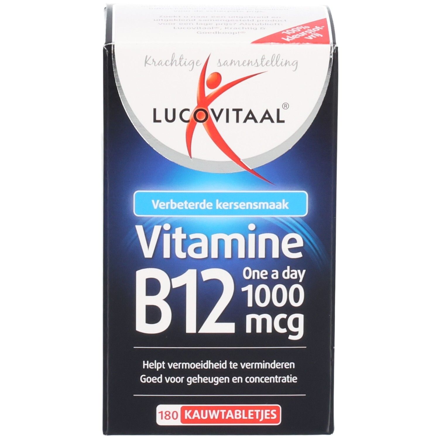 Emballage du produit. Inscription: Vitamine B12 1000 mcg. 180 comprimés à croquer. Marque: Lucovitaal.