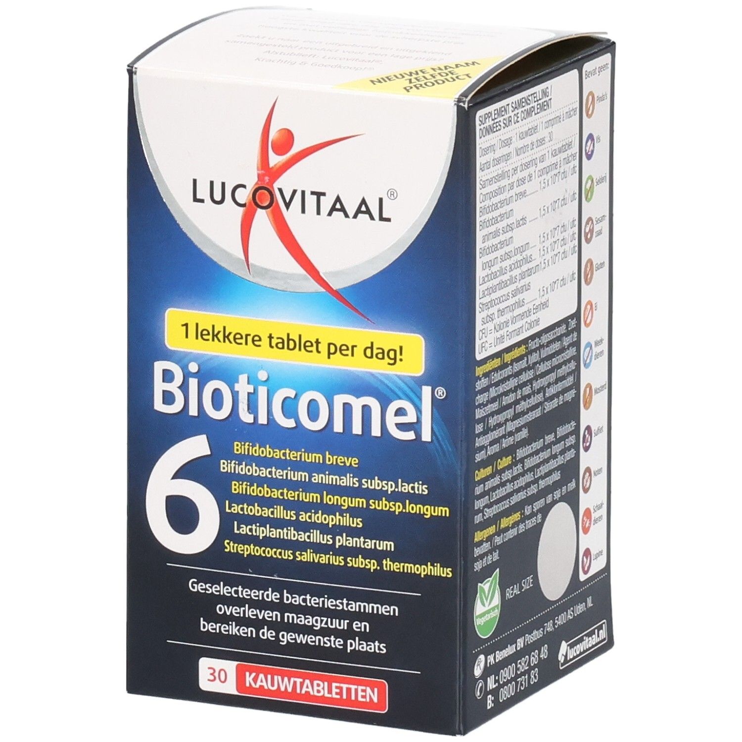 Doosje BioticoMel. Blauw en wit doosje met productnaam en logo. Bevat 30 kauwtabletten.